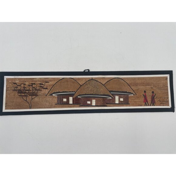 Handcrafted Kenyan Wall Art Village Scene & Maasai Figures On Cardboard Backing - Picture 2 of 10